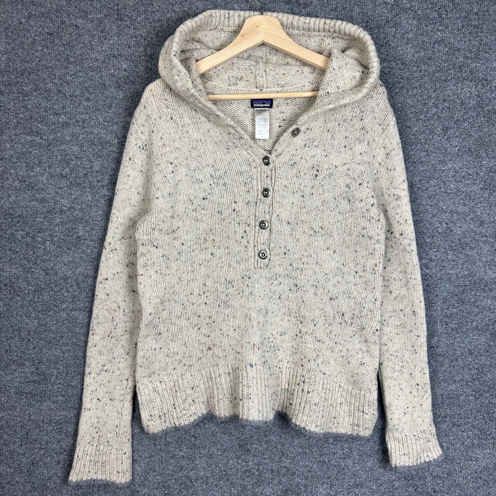Patagonia Sweater Hoodie Womens L Cream Wool Blend Speckled Henley